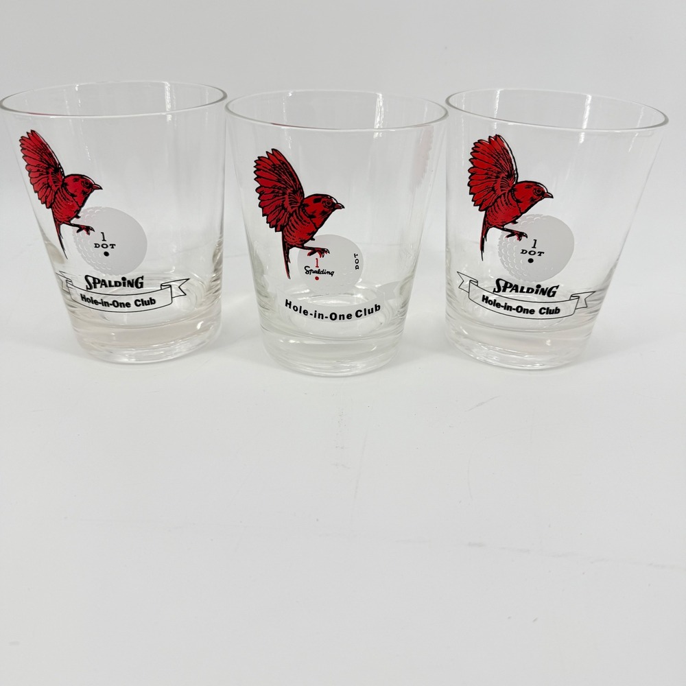 Vintage‎ Spalding Golf Ball Glass Set 3 Hole In One Club Whiskey Rocks Cardinal